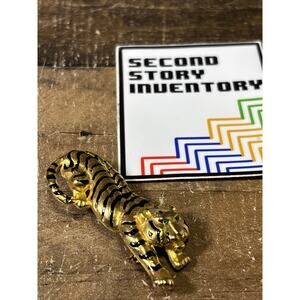 Vintage DANECRAFT Tiger Brooch Black Enamel and Gold Tone Green Eyes